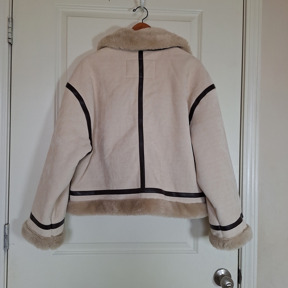 American Eagle Corduroy Aviator Jacket Sherpa Lined Cream Brown Trim Size L - Picture 4 of 9